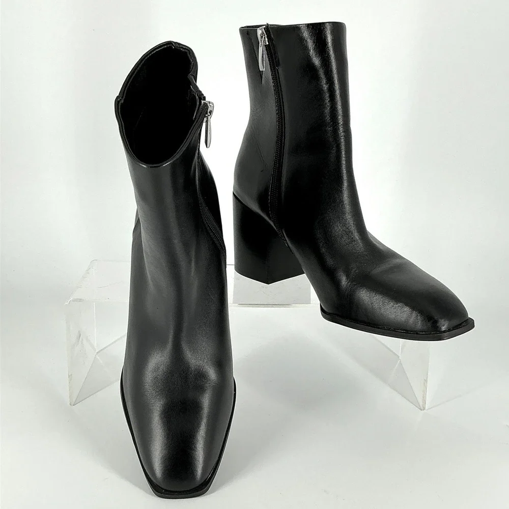 Nordstrom Size 8.5 Black Leather Square Toe Block Heel Ankle Boot NEW Vanna $140